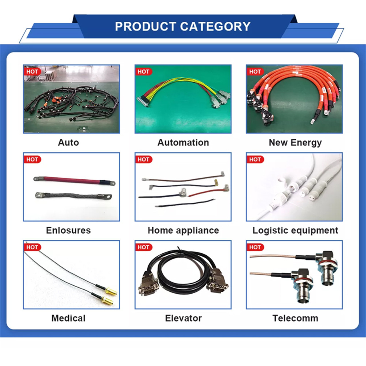 Podemos producir la mayoría de los arneses de cables que la industria necesita.Incluye electrodomésticos, instalaciones médicas, robots, industrias importantes, etc. Nuestros principales clientes incluyen Toshiba, Mide ((4)